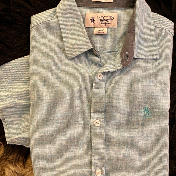 Penguin Original Men’s Linen Blend Weathered Blue & White Ticking Stripe Shirt! - Picture 1 of 7